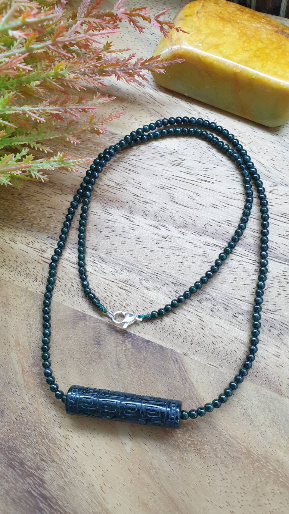 Black Green Jade Handcrafted 22inch Necklace Ru Yi Cylinder Accent Type A Myanmar Jadeite