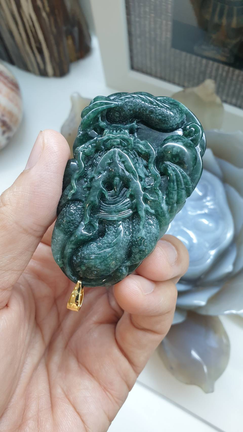 Blue Jade Dragon Pendant, 14K Gold Bail
