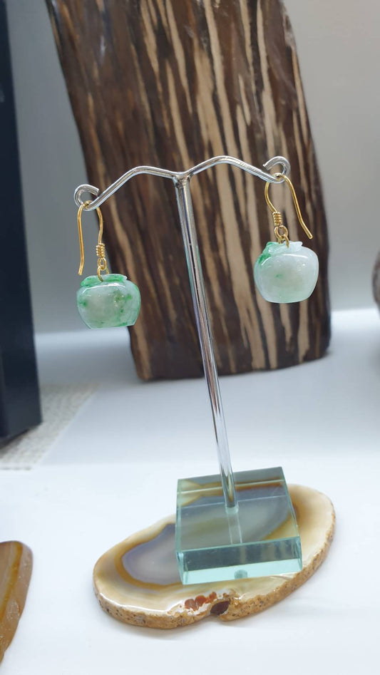 14K Gold Jade Apple Hook Earrings Moss in Snow Type A Natural Myanmar Jadeite