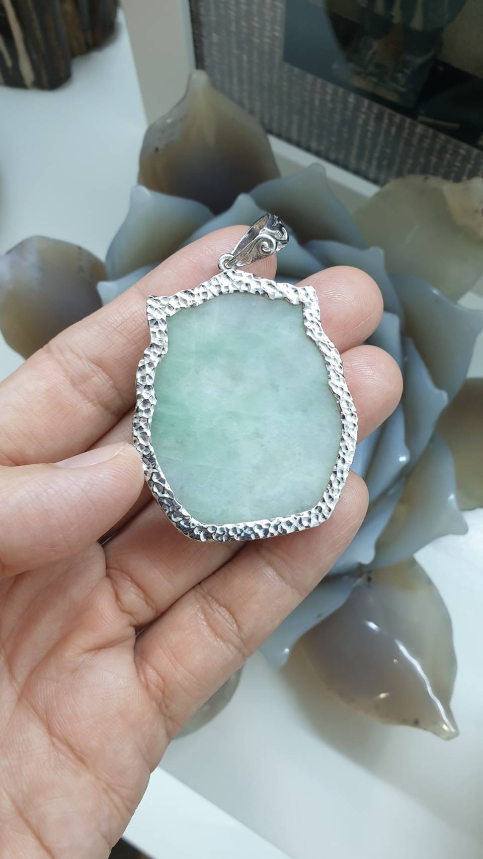 Nine-Tailed Fox Jade Pendant | Textured Sterling Silver | Authentic Type A Jadeite