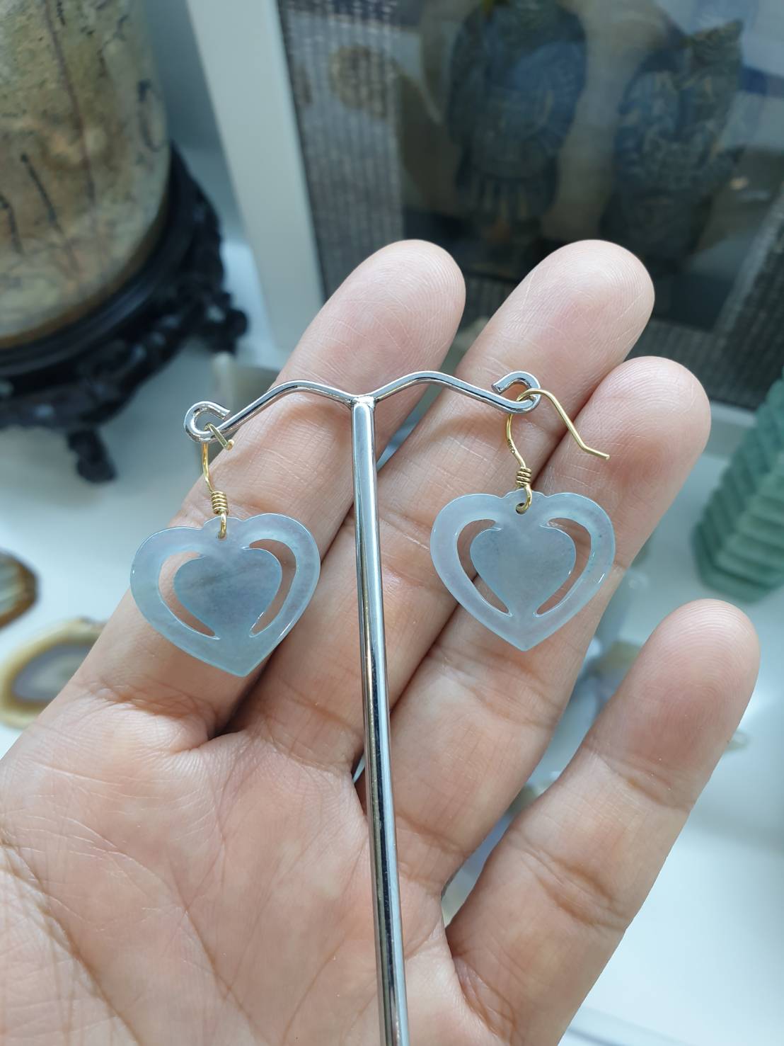 Icy Lavender-Blue Jade Heart Earrings | 14K Gold Hooks | Type A Natural Jadeite
