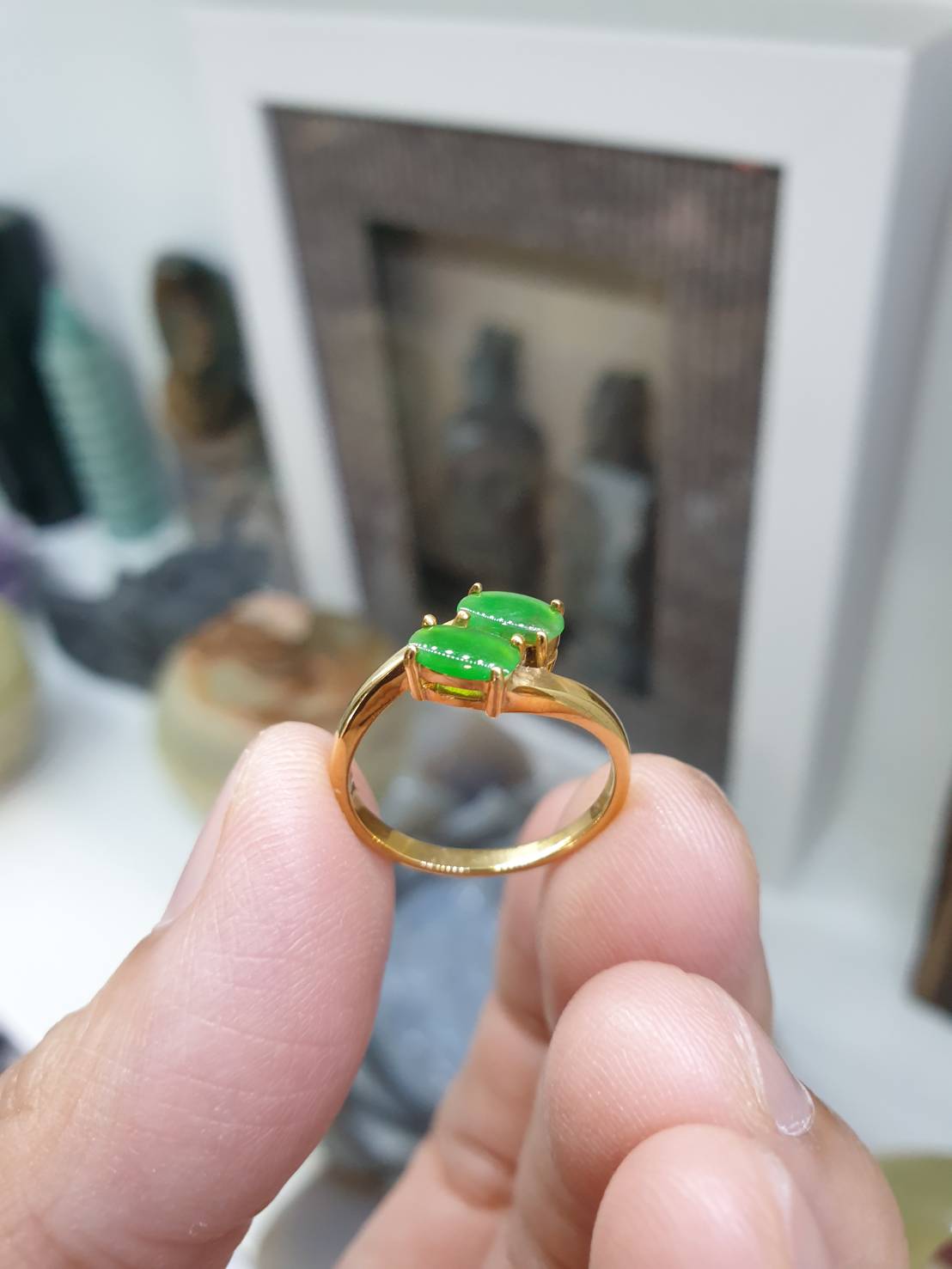 Vibrant Green Jade Twin Cabochon Lady’s Ring (Size 6 US) | Solid 14K Gold | Type A Natural Jadeite