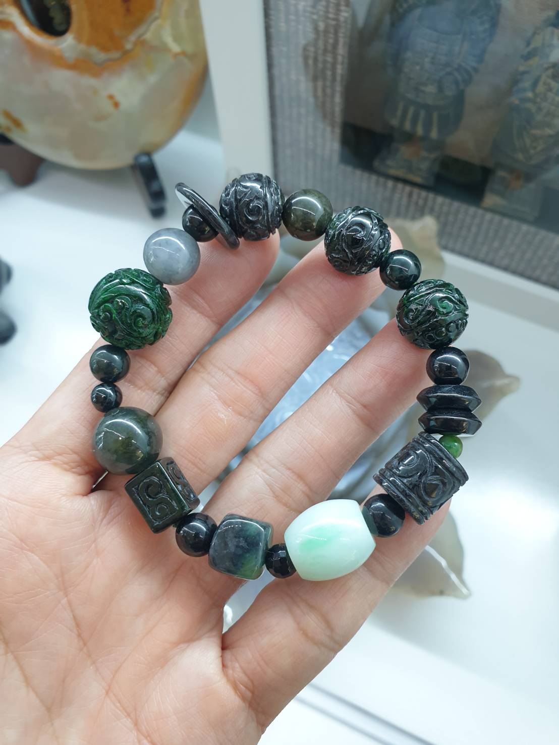 Natural Black Jade 17cm Bracelet - Type A Myanmar Jadeite Mixed Beads