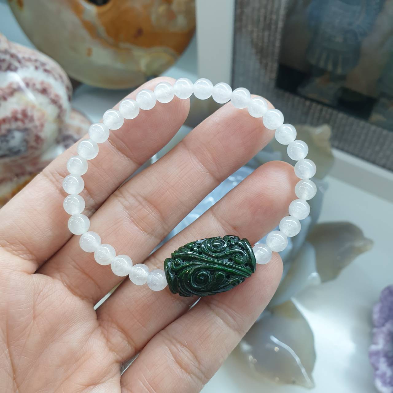 Icy White Jade Lucky Charm Bracelet | Green Jade Ru Yi Bead Charm | Original Fei Cui Jadeite