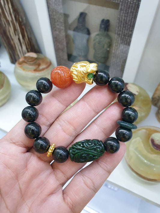24K Gold Tiger Black Jade Bracelet | Pure Gold Tiger Charm | His or Hers Wrist Candy