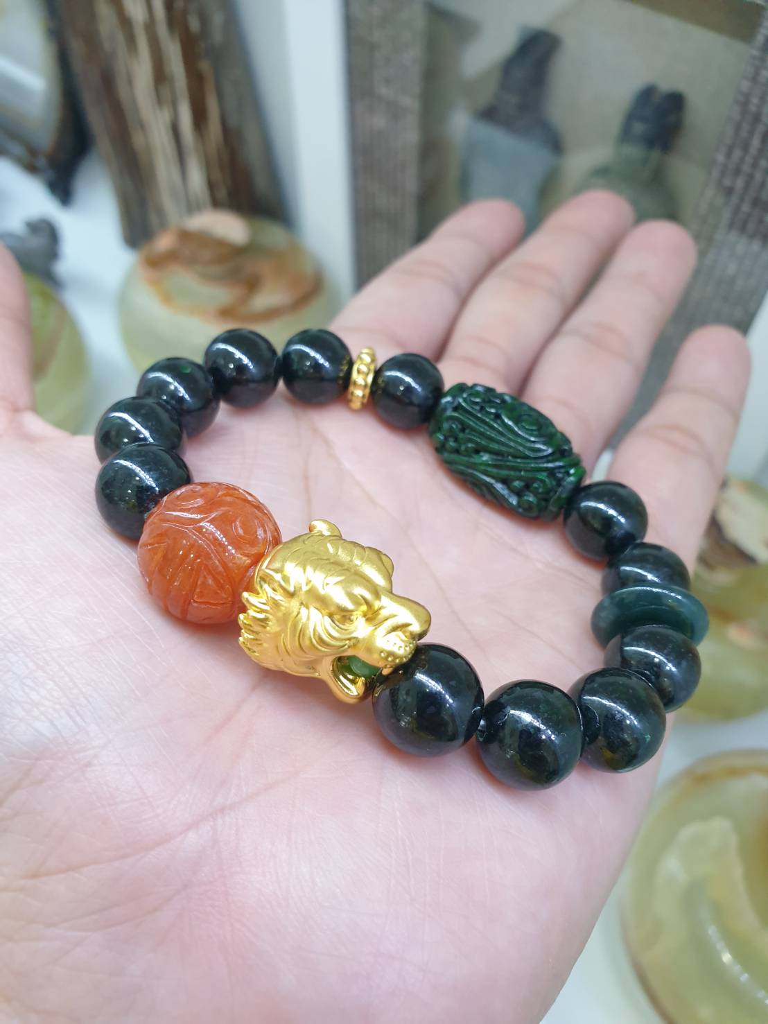 24K Gold Tiger Black Jade Bracelet | Pure Gold Tiger Charm | His or Hers Wrist Candy