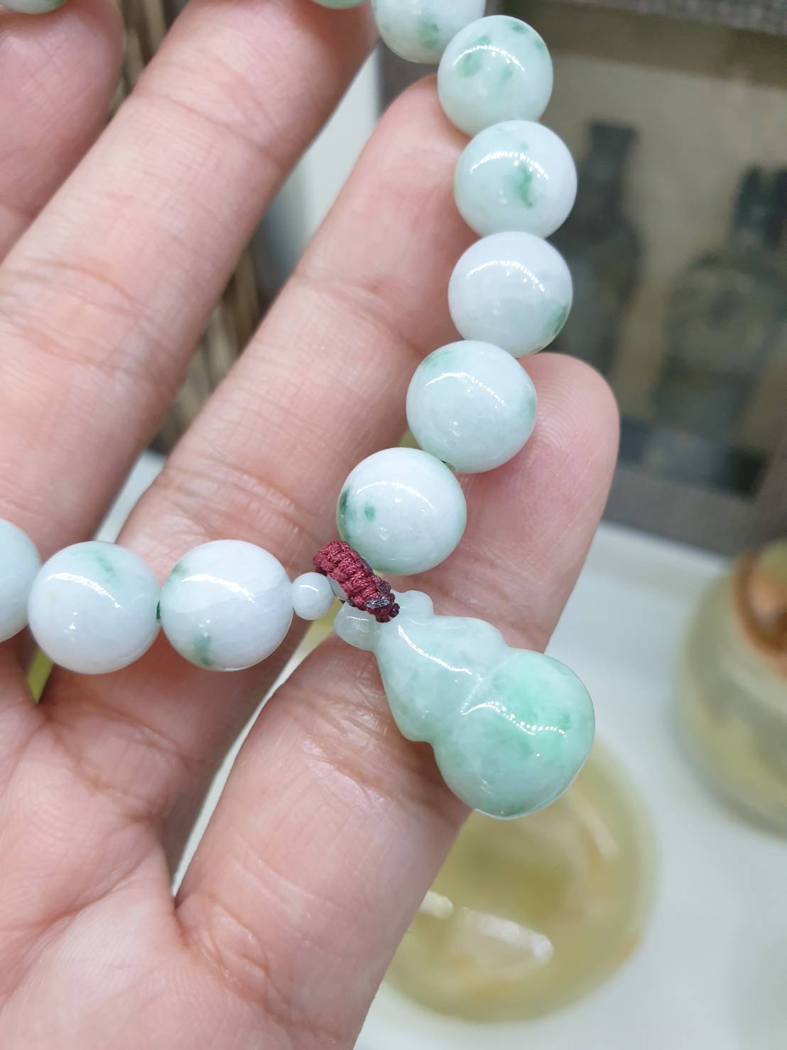 Moss in Snow Jade Wu Lou Bracelet | Type A Natural Jadeite | Fortune Charm Bracelet