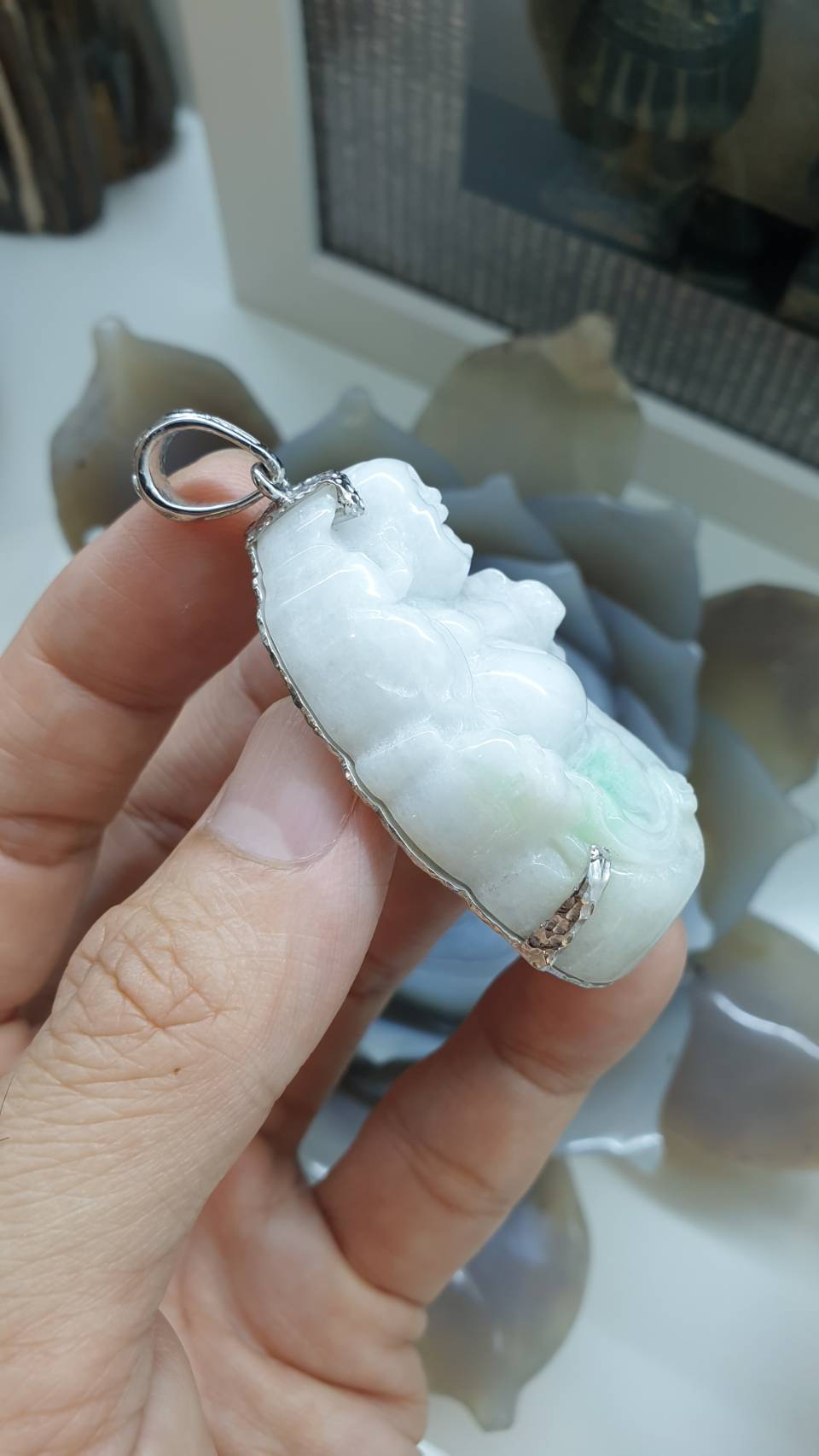 White Jade Happy Buddha Pendant | Textured Sterling Silver | Wealth & Fortune Jewelry