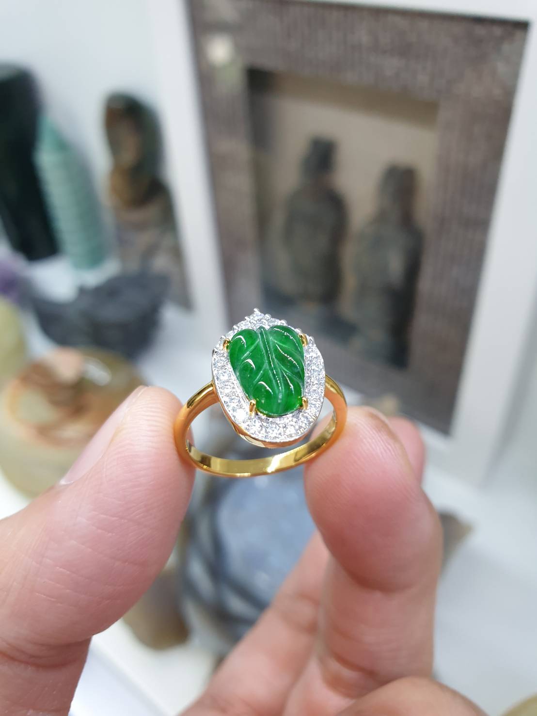 Imperial Jade Leaf & Moissanite Ring (7.5 US)| 9K Gold | Lucky Charm Ring for Her