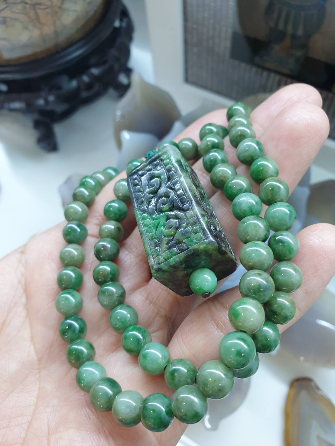 Jade Ruyi on Jade beaded Necklace (25") | Vintage Fei Cui Jadeite Beads | His or Hers Statement Necklace