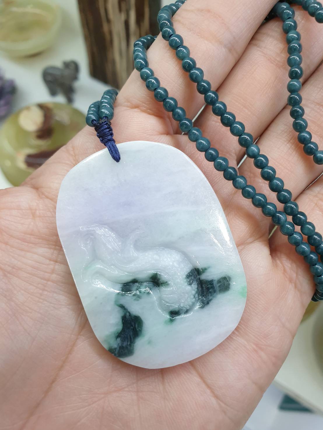 Lavender Jade Dragon on Blue Jade beaded Necklace (24") | Fei Cui Type A Jadeite