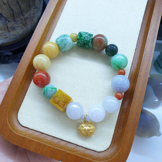 24K Gold Ru Yi Charm Jade Bracelet - Signature Style | Pure Gold Ru Yi Pendant Charm | Mix Orginal Jadeite Beads
