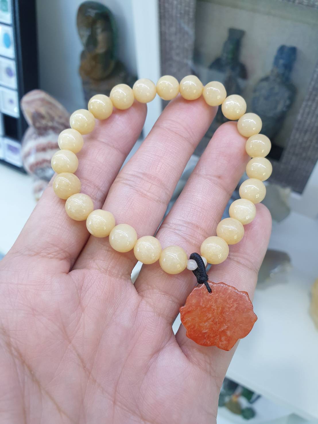 Yellow Jade Charmbracelet (17 cm), Lotus Flower Charm | Type A Natural Jadeite | Gift Idea For Her