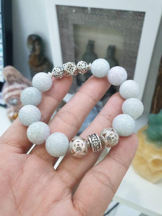 Jade Ruyi Beads Bracelet (16 cm)| Original Sterling Silver Charms | Fei Cui - Type A Jadeite