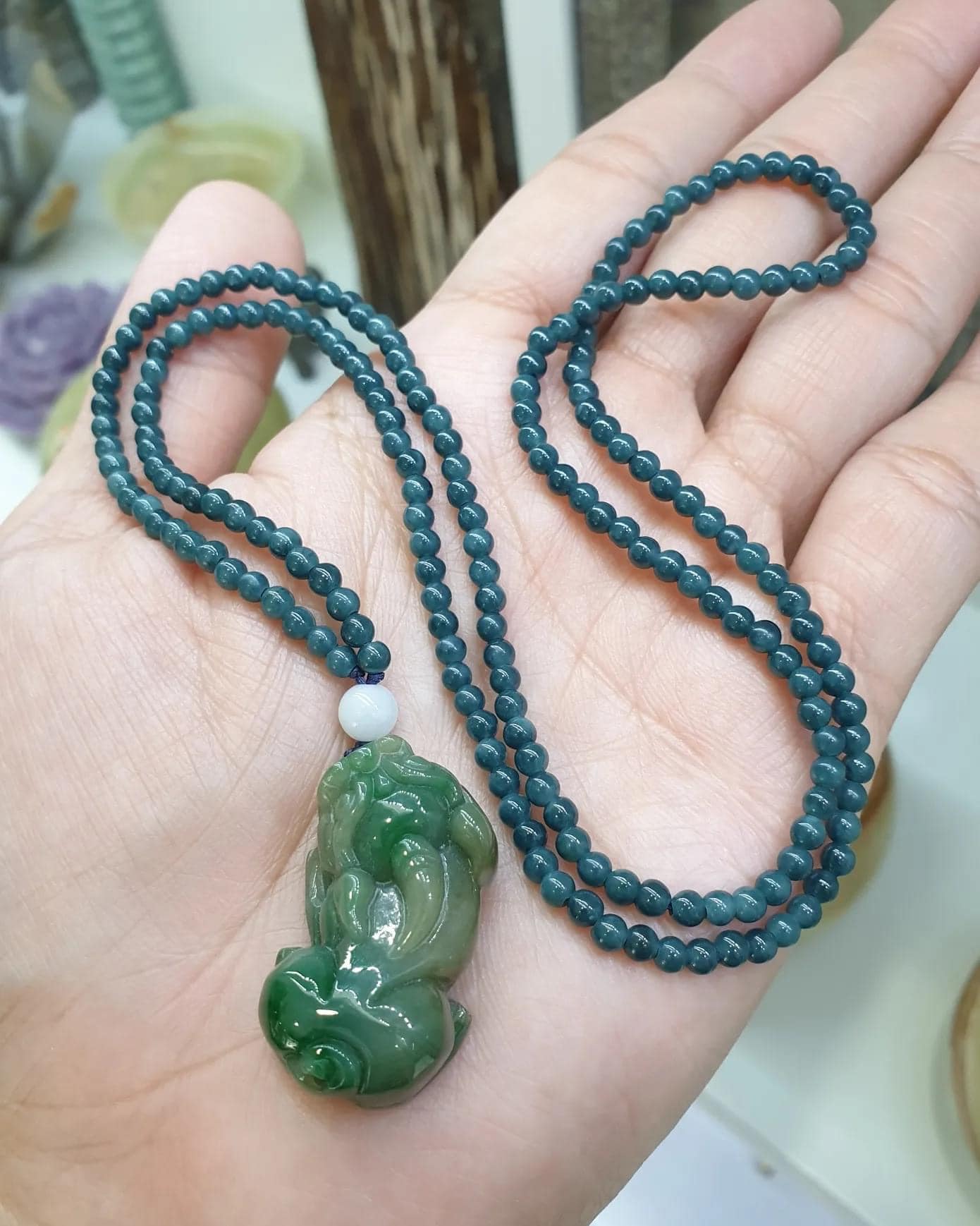 Jade Pixiu on Blue Jade beaded Necklace (24") | Fei Cui Type A Jadeite | His or Hers Fortune Necklace