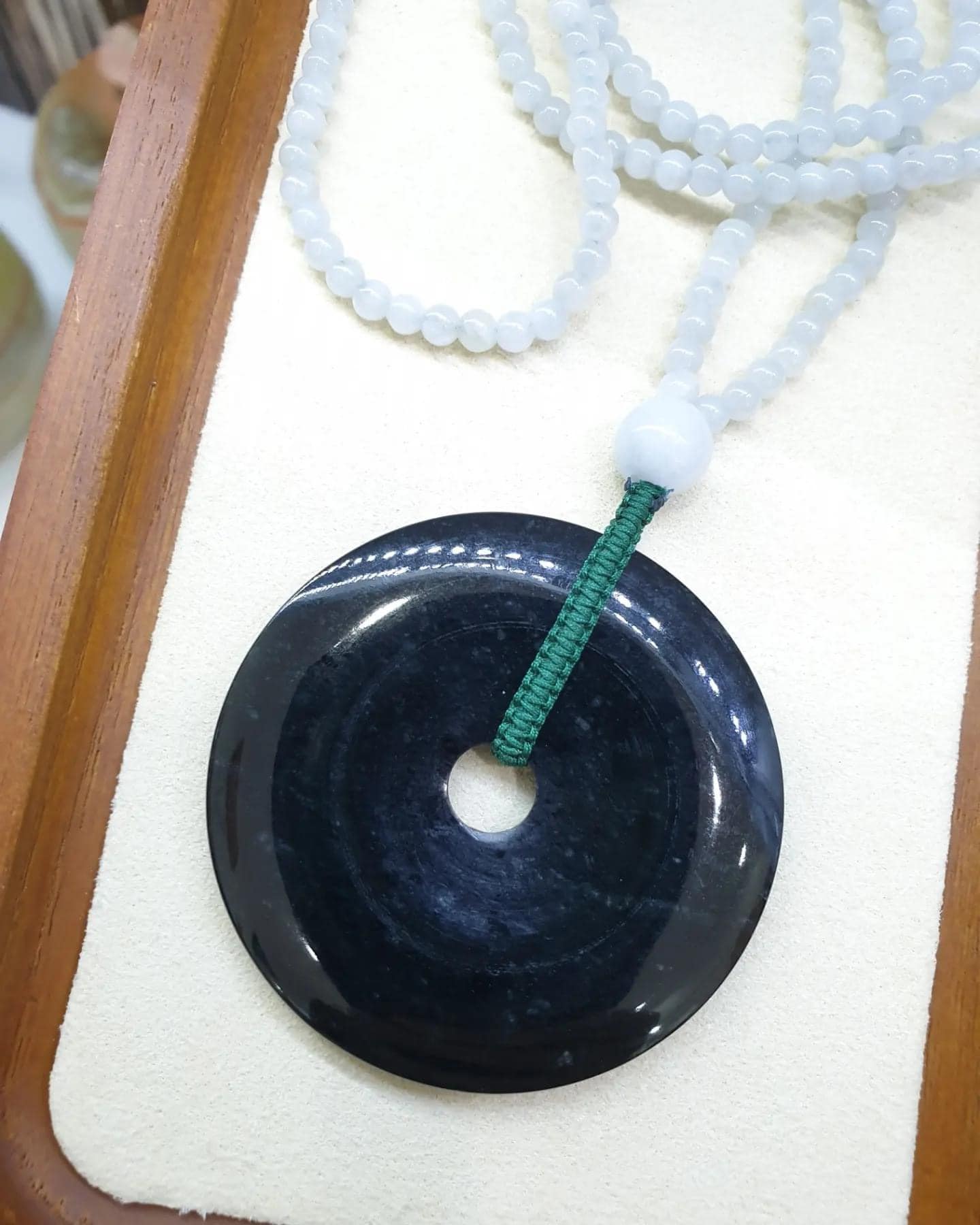 Black Jade Ping An Kou on Icy White Jade beaded Necklace (24") | Original Type A Jade | His or Hers Fortune Necklace