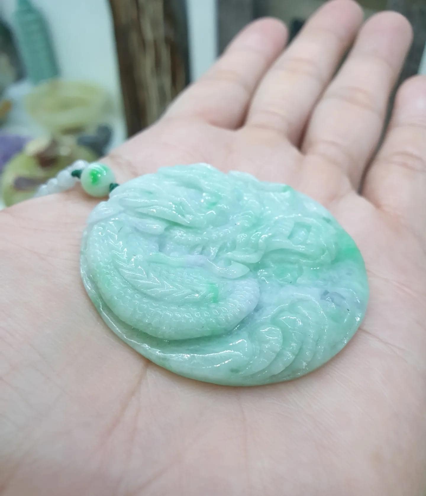 Dragon on Icy White Jade Beaded Necklace (24") | Fei Cui Type A Jadeite