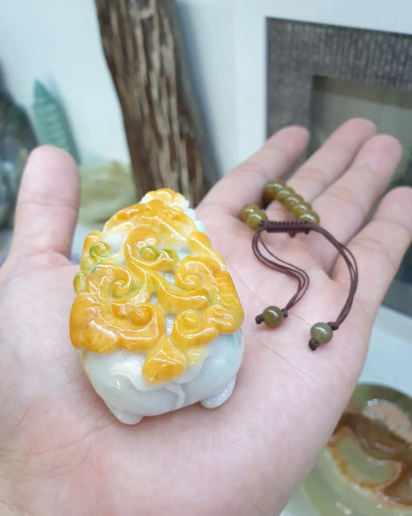 Vintage Jade Pixiu on Honey Jade beaded Necklace (26") | Fei Cui Type A Jadeite | His or Hers Statement Jewelry