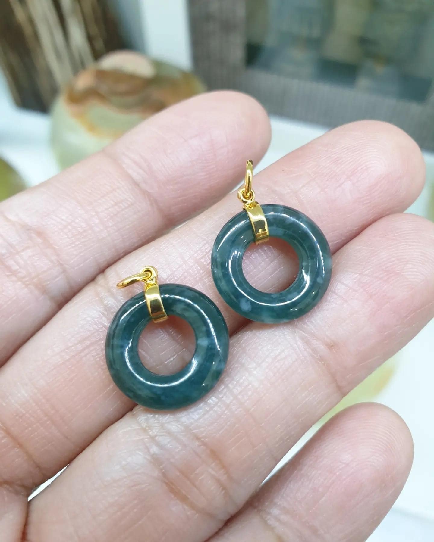 Blue Jade Ping An Kou Pendant Solid 18K Gold Type A Natural Jadeite