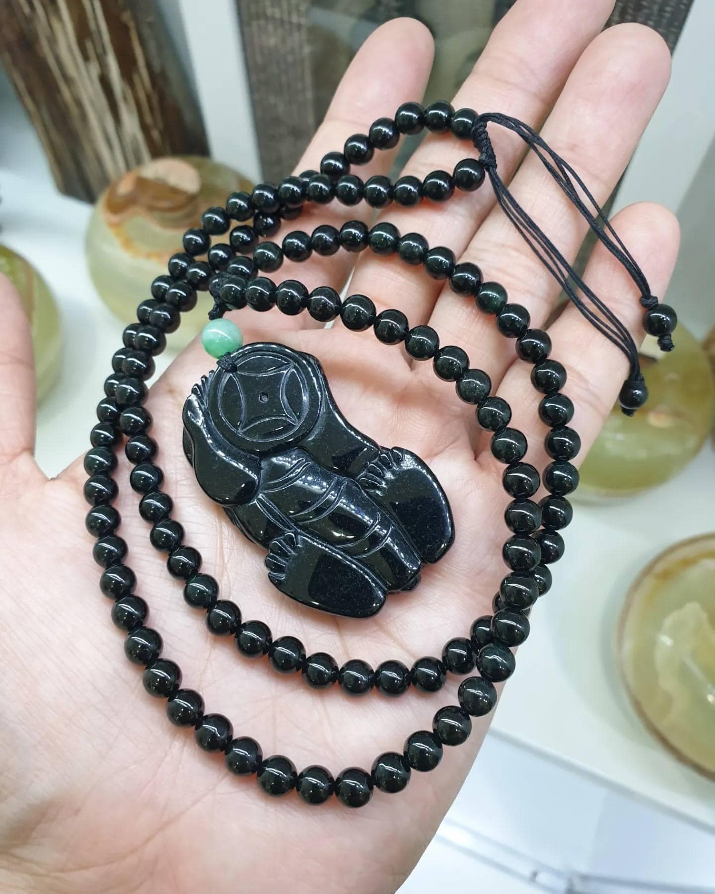 Black Jade Pixiu in Adjustable Beaded Necklace (24 inch +)
