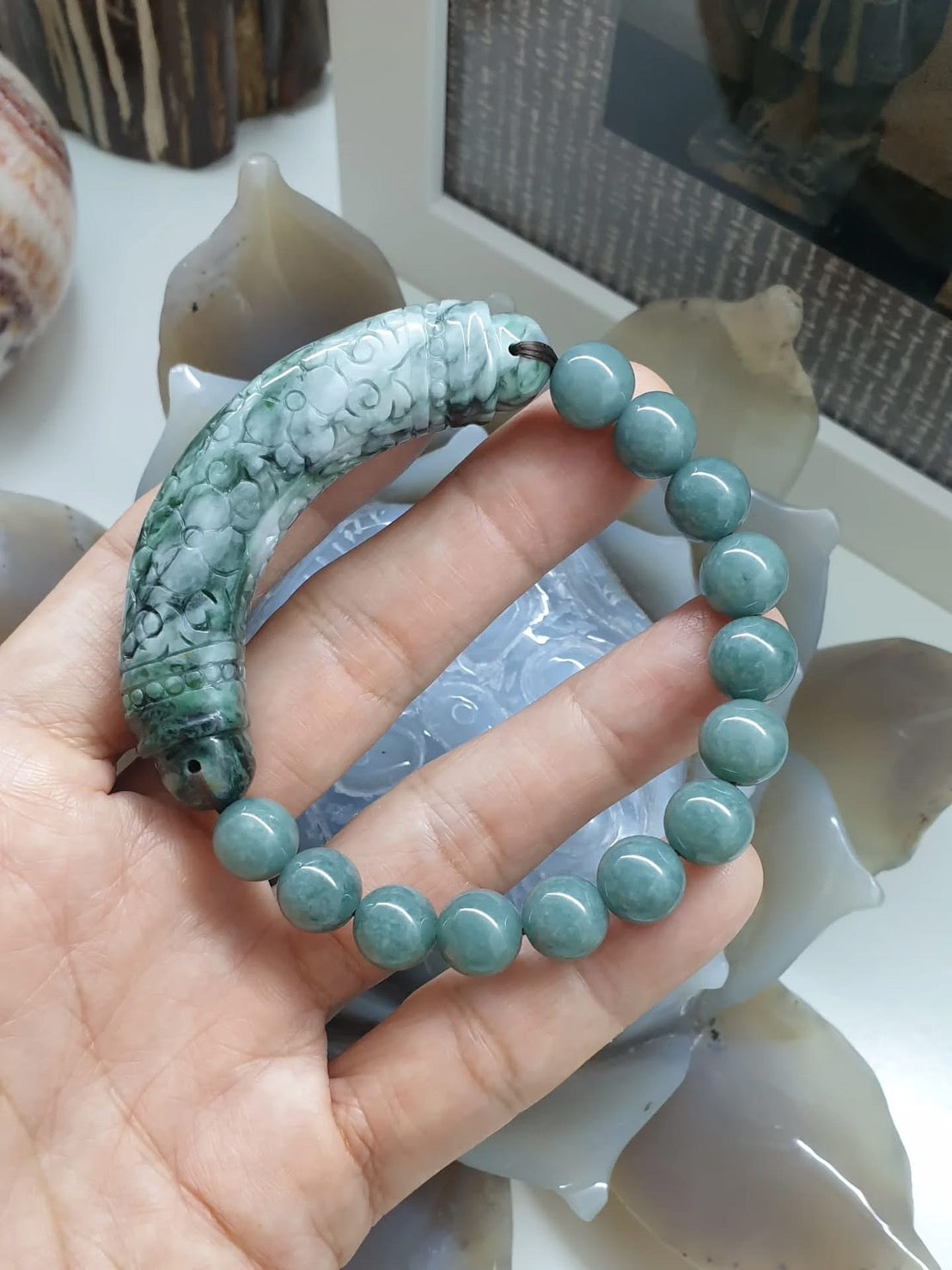 Natural Blue Jadeite 17cm Bracelet with Engraved Floral Cylinder Charm