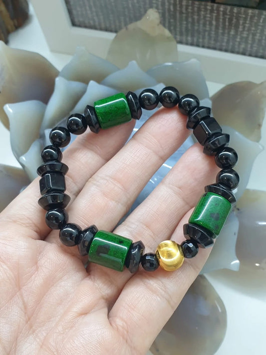 Mawsitsit and Black Jade with 24K Gold Charm Statement Bracelet