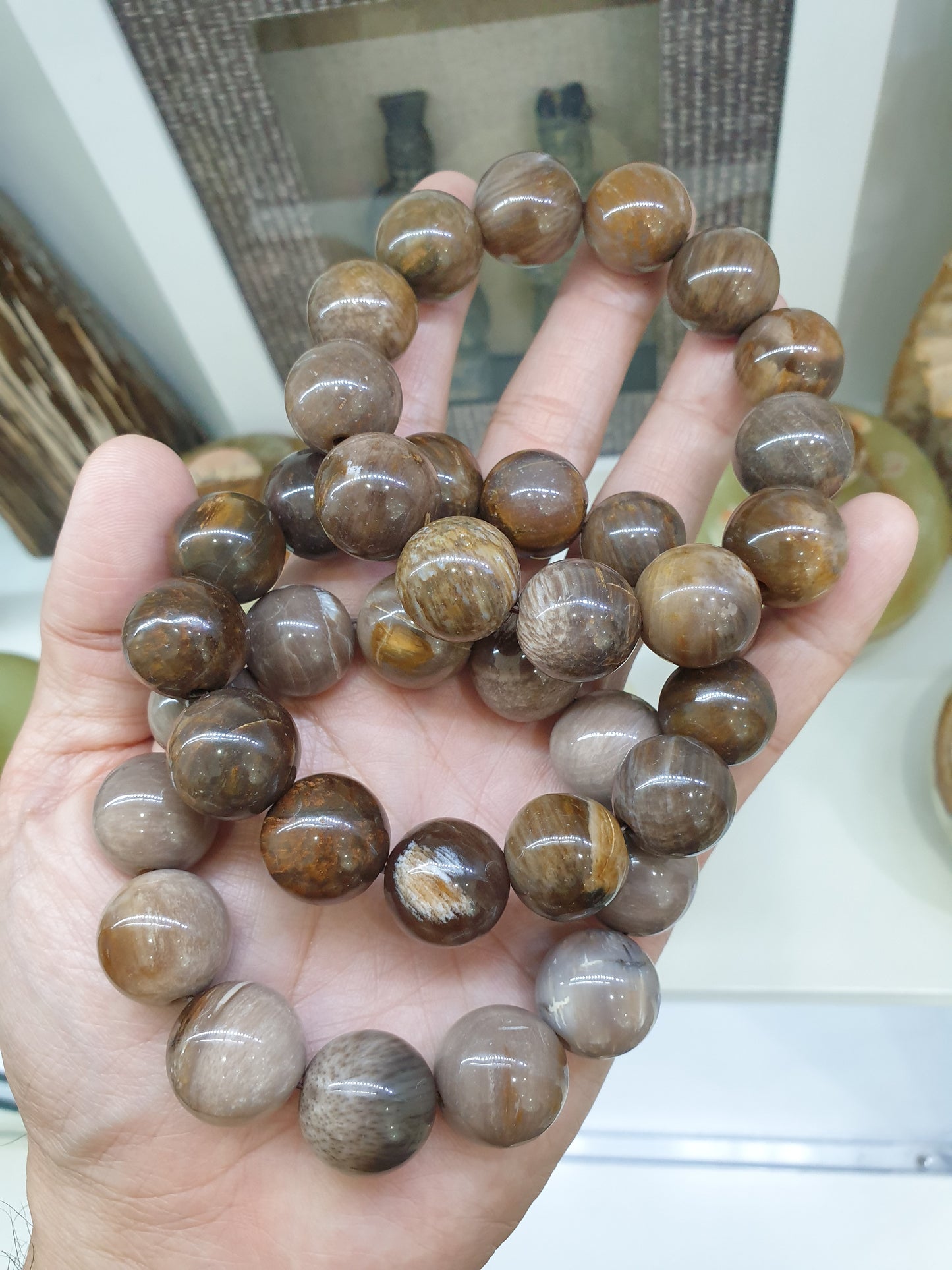 Petrified Wood Bracelets 17cm Natural Stone Beads 16mm-18mm