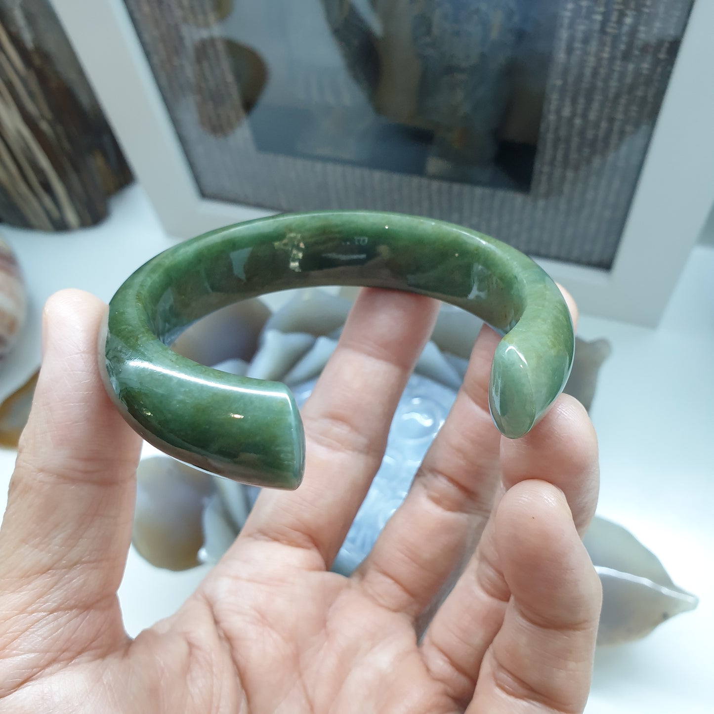 Jade Cuff Bangle Size 58 - 59 Type A - Natural Leaf Green Jadeite