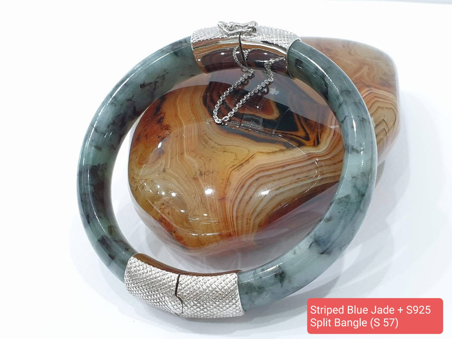 Jade Split Bangle S57 Type A Natural Blue Jadeite Sterling Silver Designer Locks