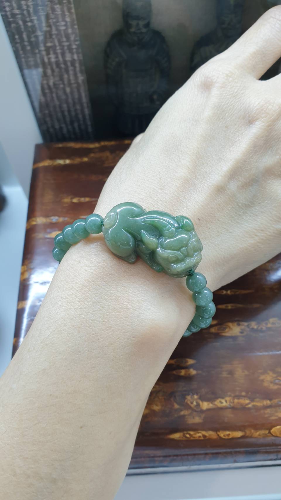 Green Jade Pixiu Wealth Bracelet 17cm Fei Cui Type A Natural Jadeite
