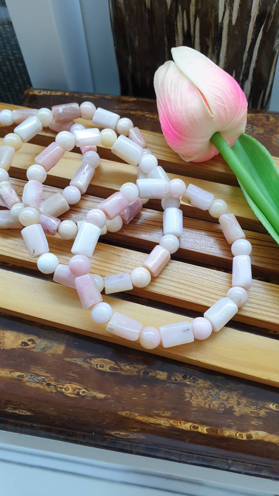 Pink Opal Stretch Bracelets 17cm, Natural Gemstone Cylinder Beads