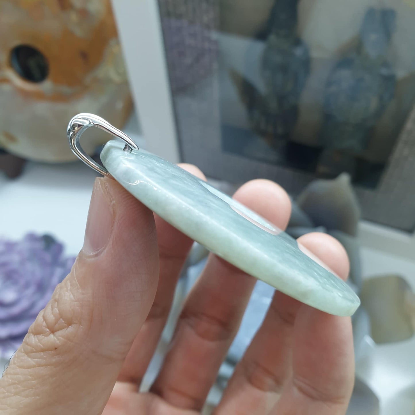 Lavender Jade Bi Disc Pendant | Fei Cui - Natural Jadeite & Sterling Silver | Statement Piece Jewelry