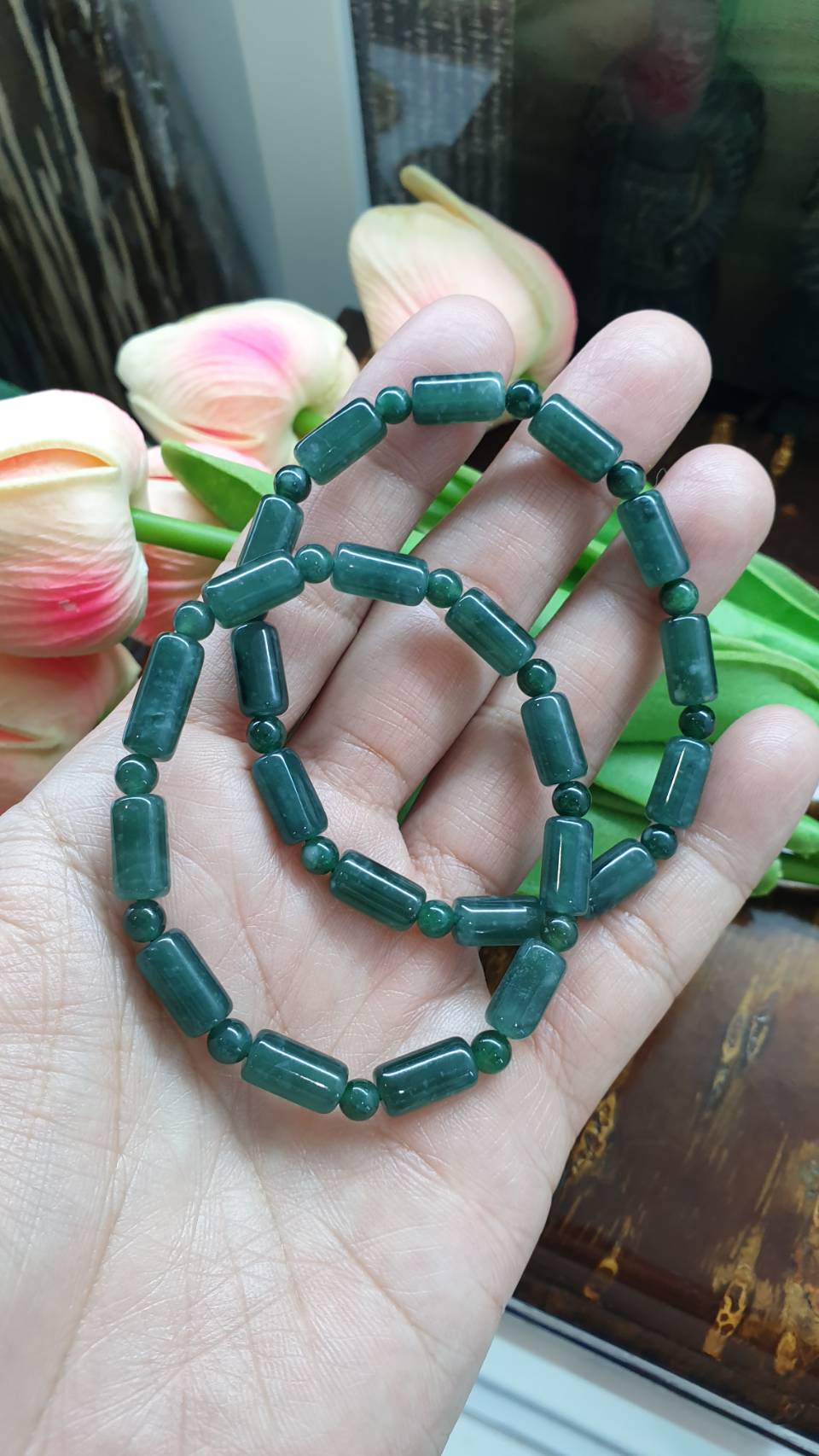 Blue Green Jade Cylinder Beads Bracelet 17cm Type A Natural Jadeite