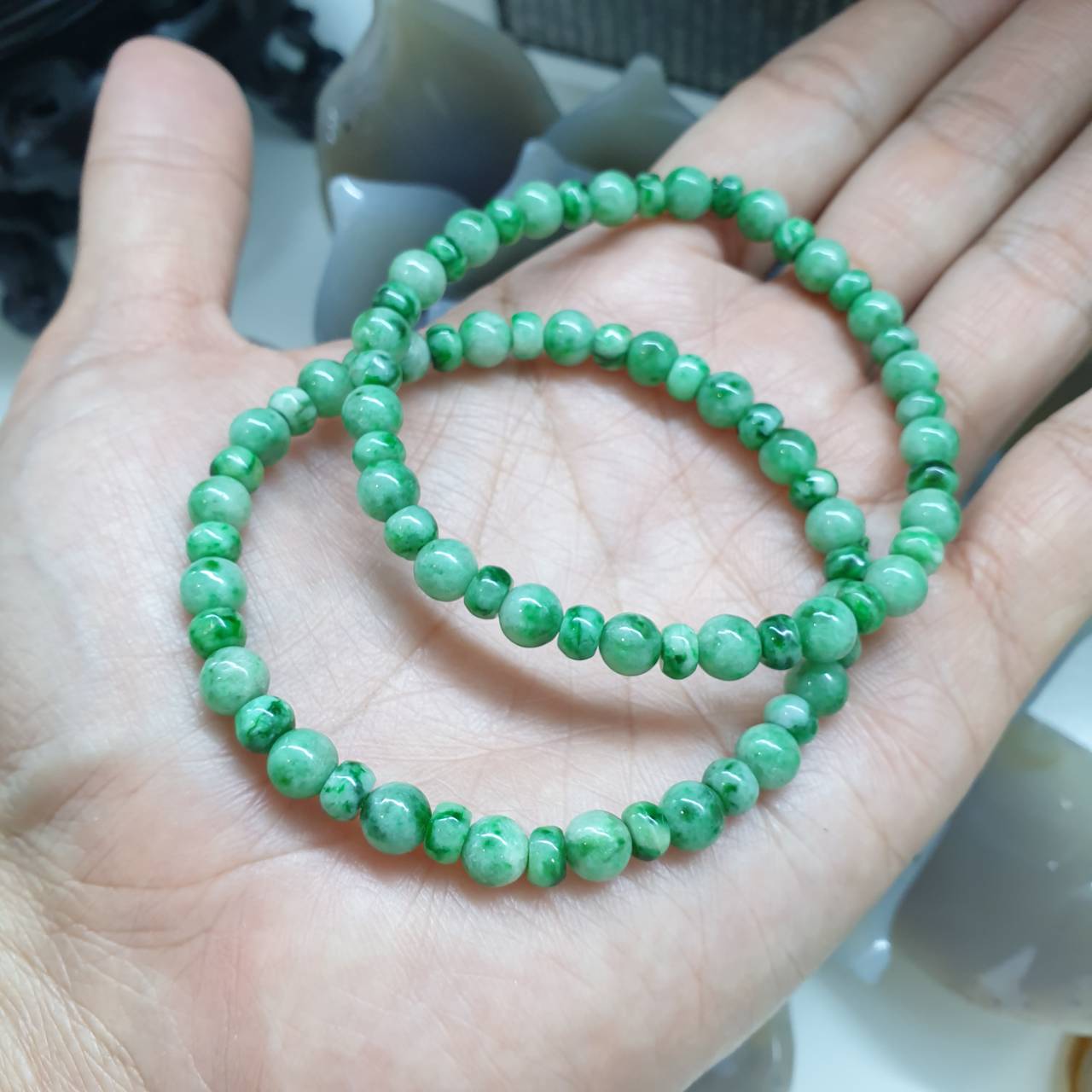 Green Jade Bracelet 17cm Alternate Beads Fei Cui Type A Natural Myanmar Jadeite