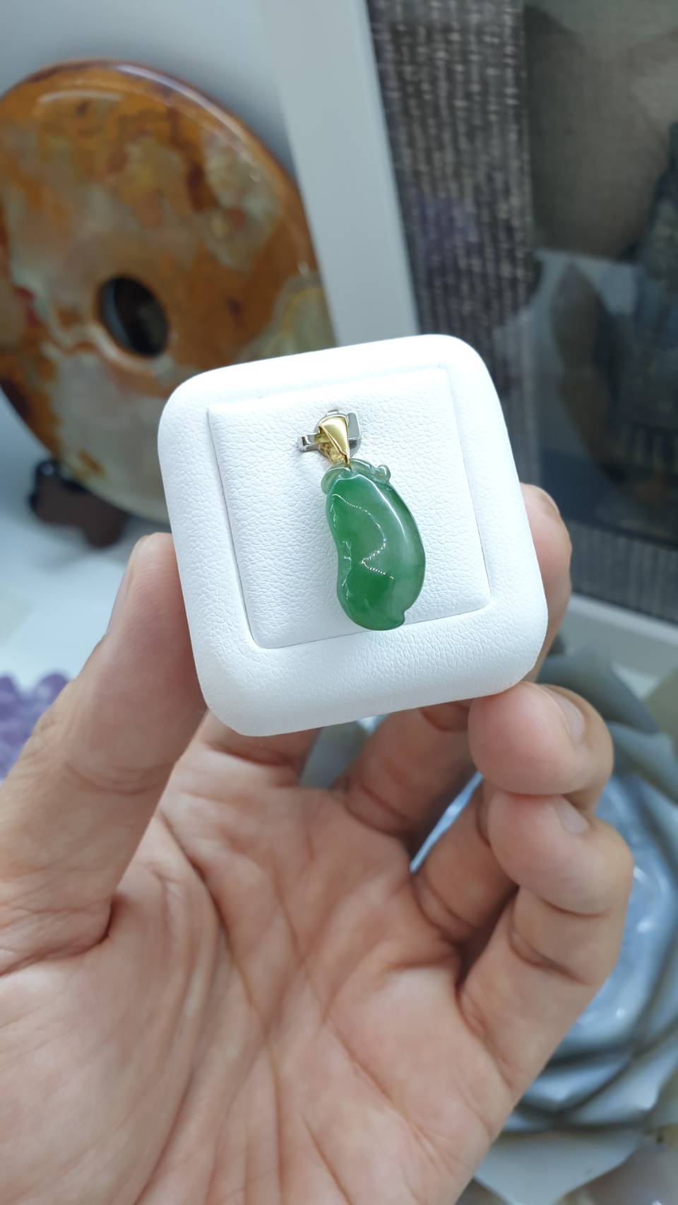 Jade Pea Pod Lucky Charm Pendant | 18K Gold Bail | Icy Green Type A Jadeite