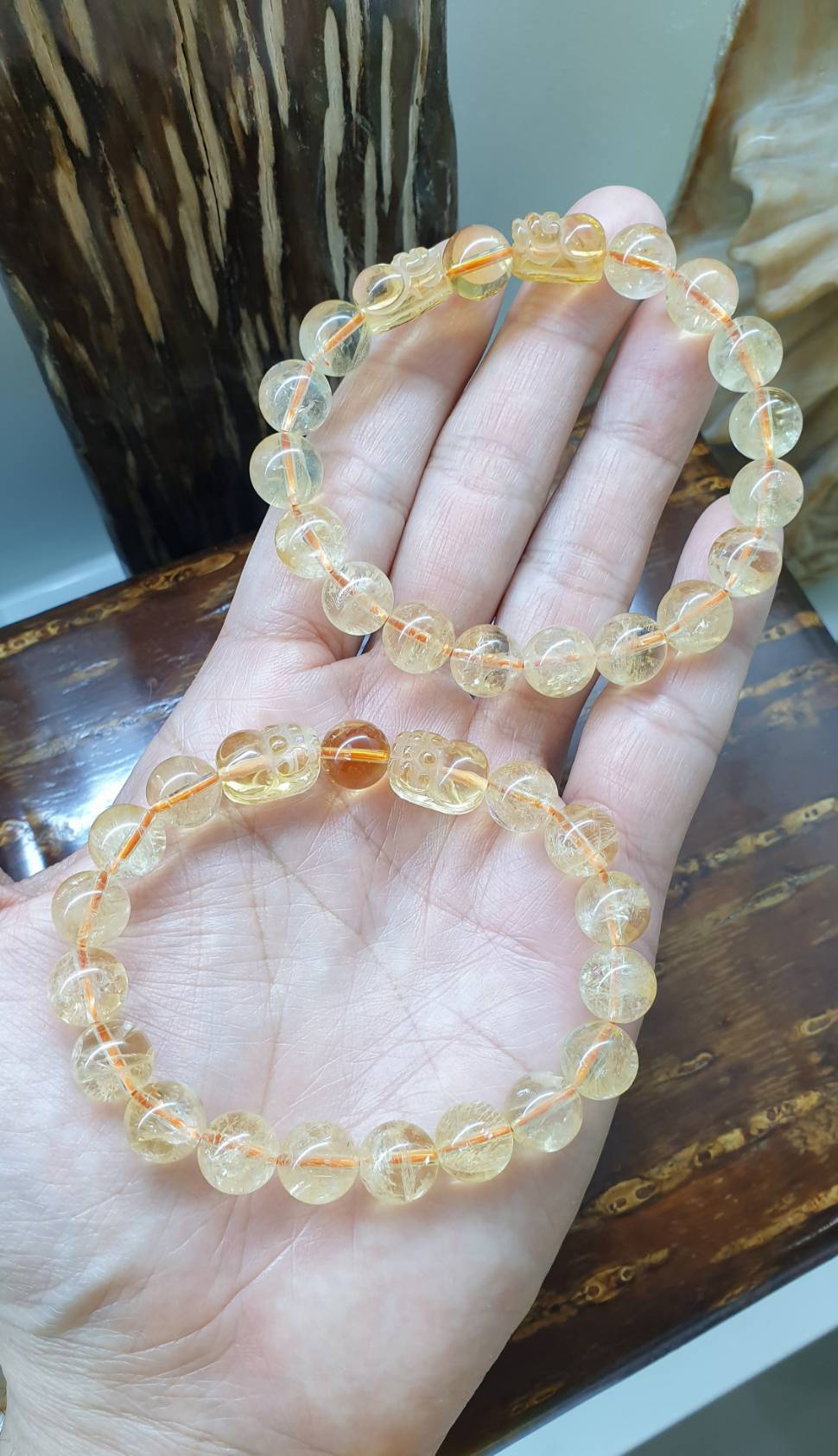 Citrine Wealth Bracelets with Pixiu Charms 17 cm, Natural Gemstone Beads