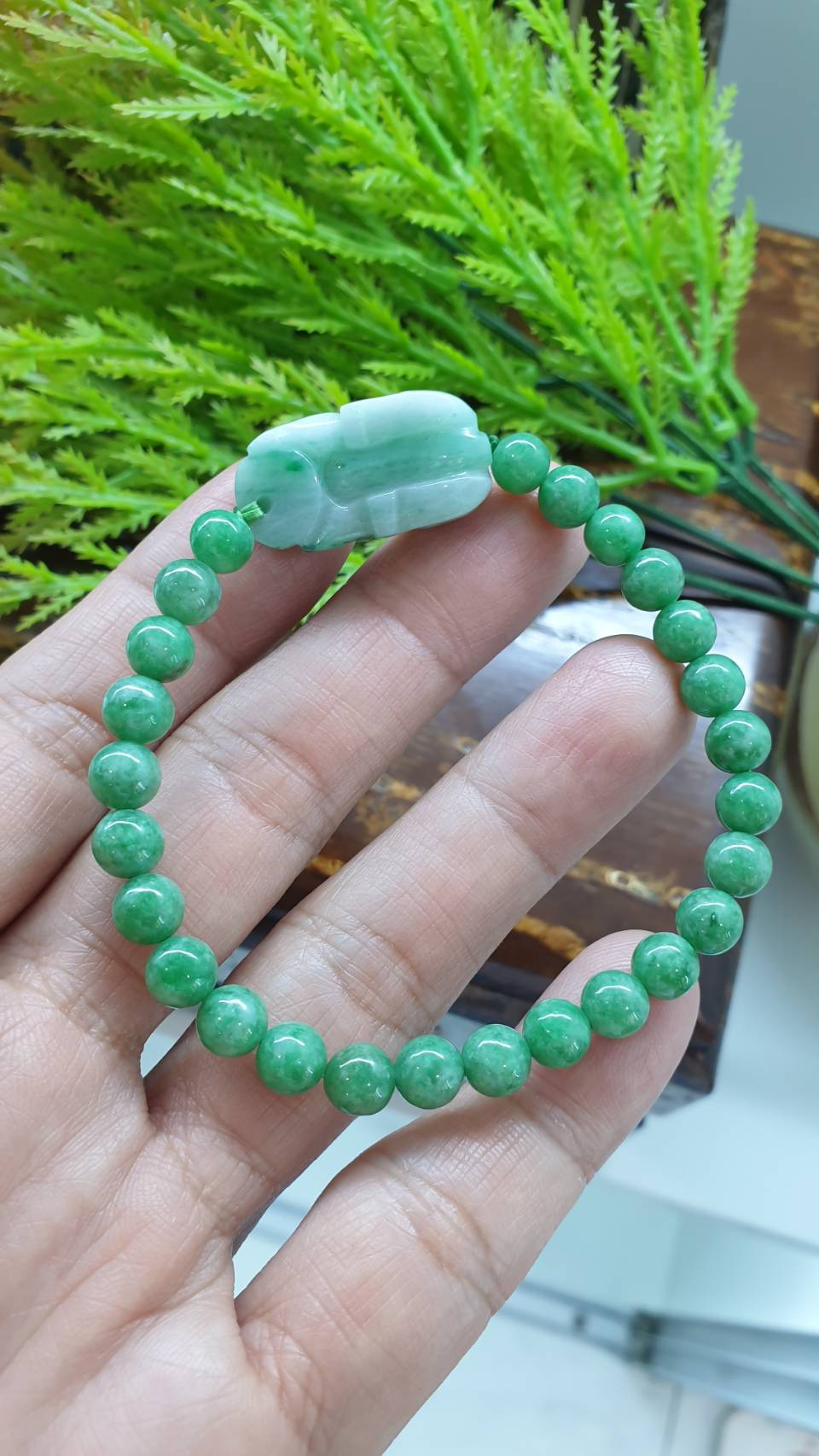 Jade Pixiu 17cm Bracelet - Type A Jadeite in Moss in Snow and Apple Green