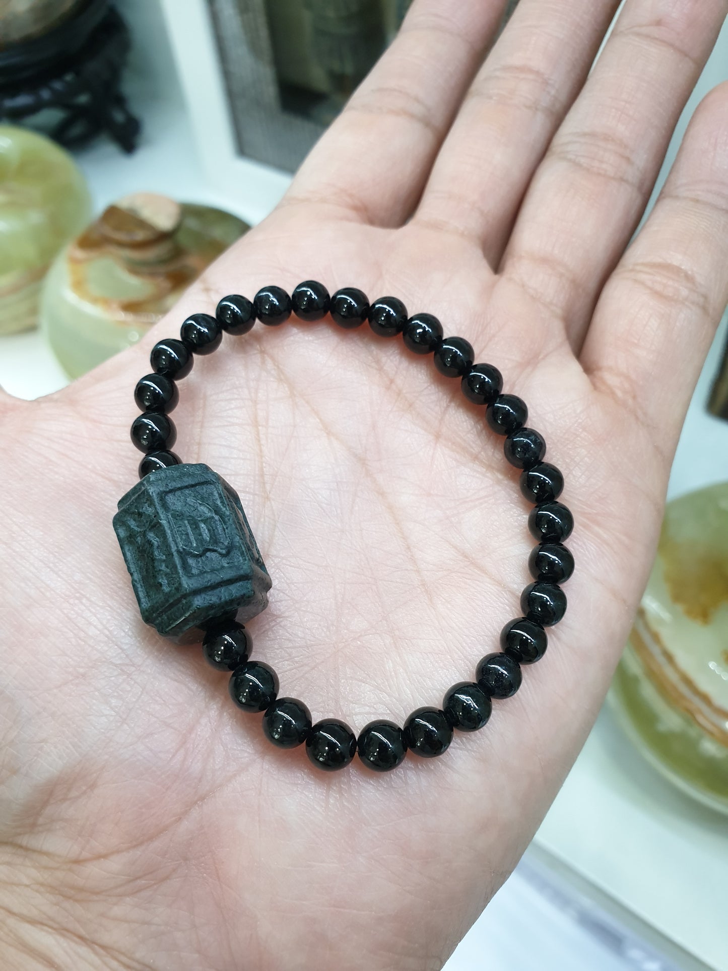Black Jade Mantra Bracelet 17cm Teal Black Om Mani Padme Hum Natural Jadeite