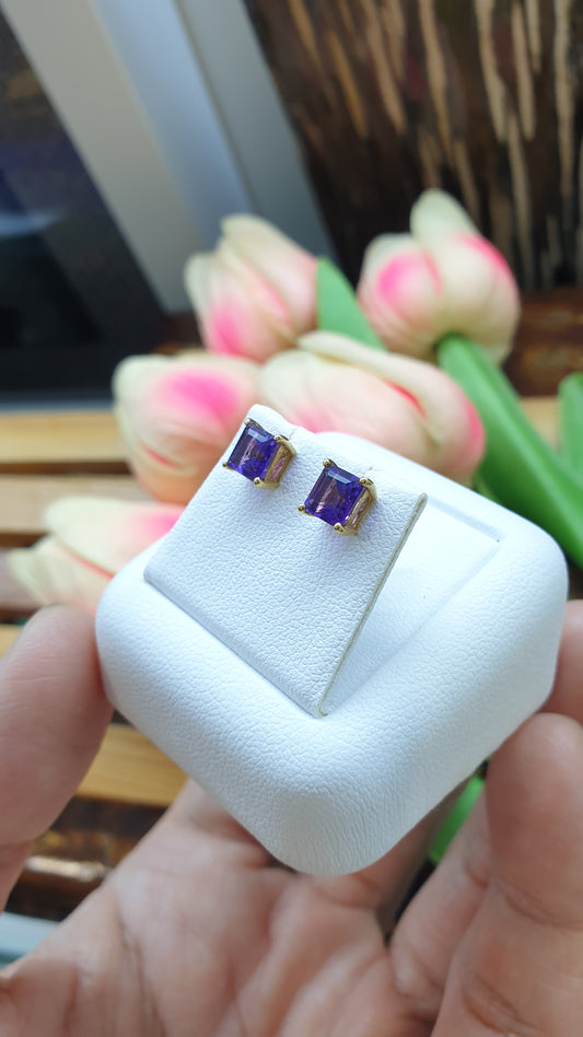 14K Gold Amethyst Princess Stud Earrings Natural Gemstones and Solid Gold
