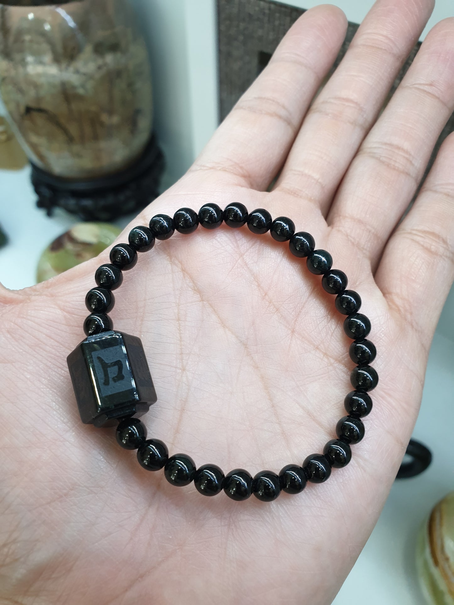 Black Jade Mantra Bracelet 17cm Black Om Mani Padme Hum Charm Natural Jadeite