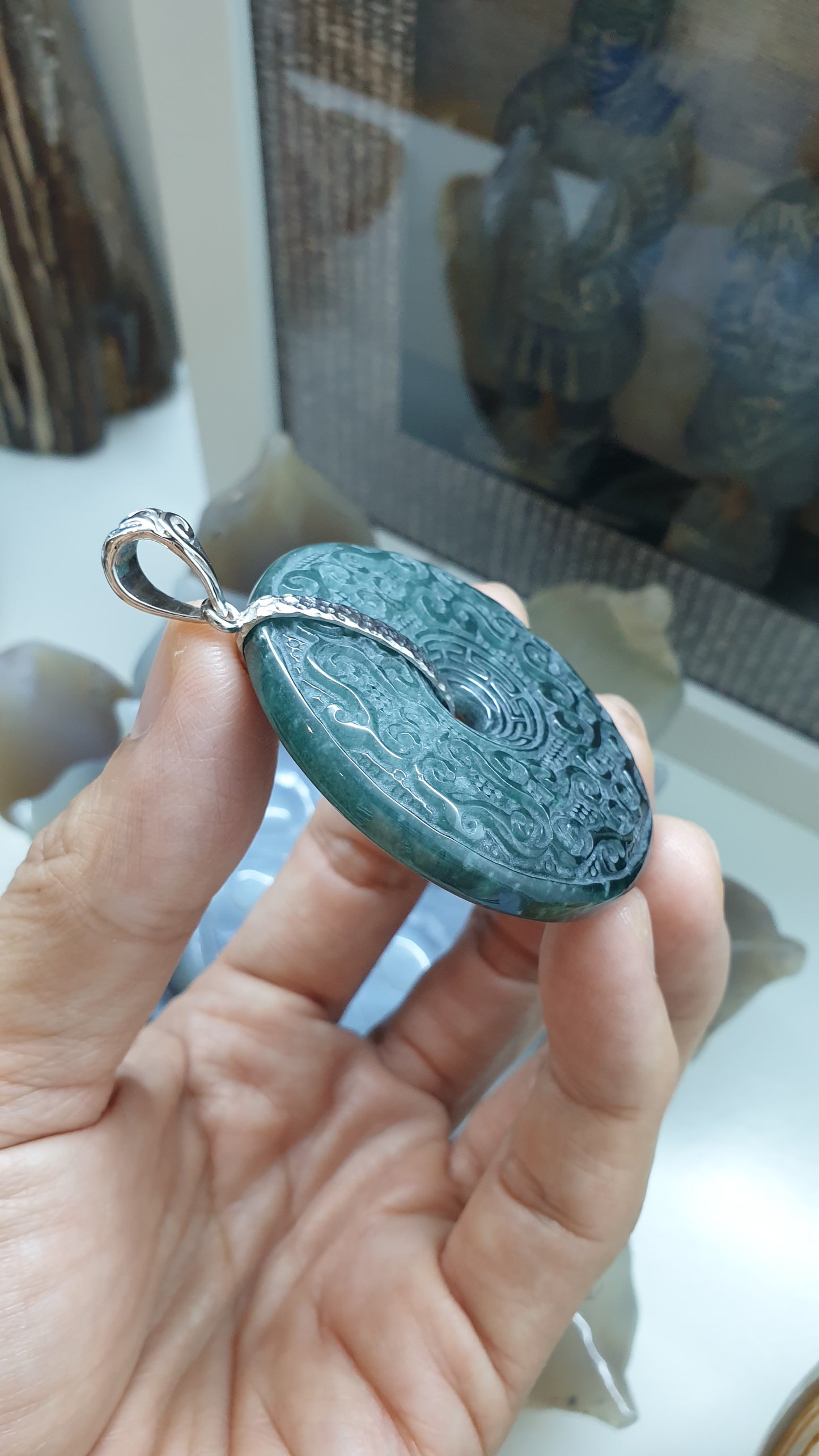 Blue Jade Ru Yi - Peace Buckle Pendant | Fei Cui - Natural Jadeite | Authentic Sterling Silver