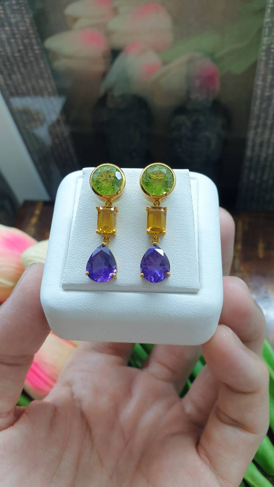 3-Stone Drop Earrings | Solid 18K Gold | Natural Peridot, Beryl & Amethyst