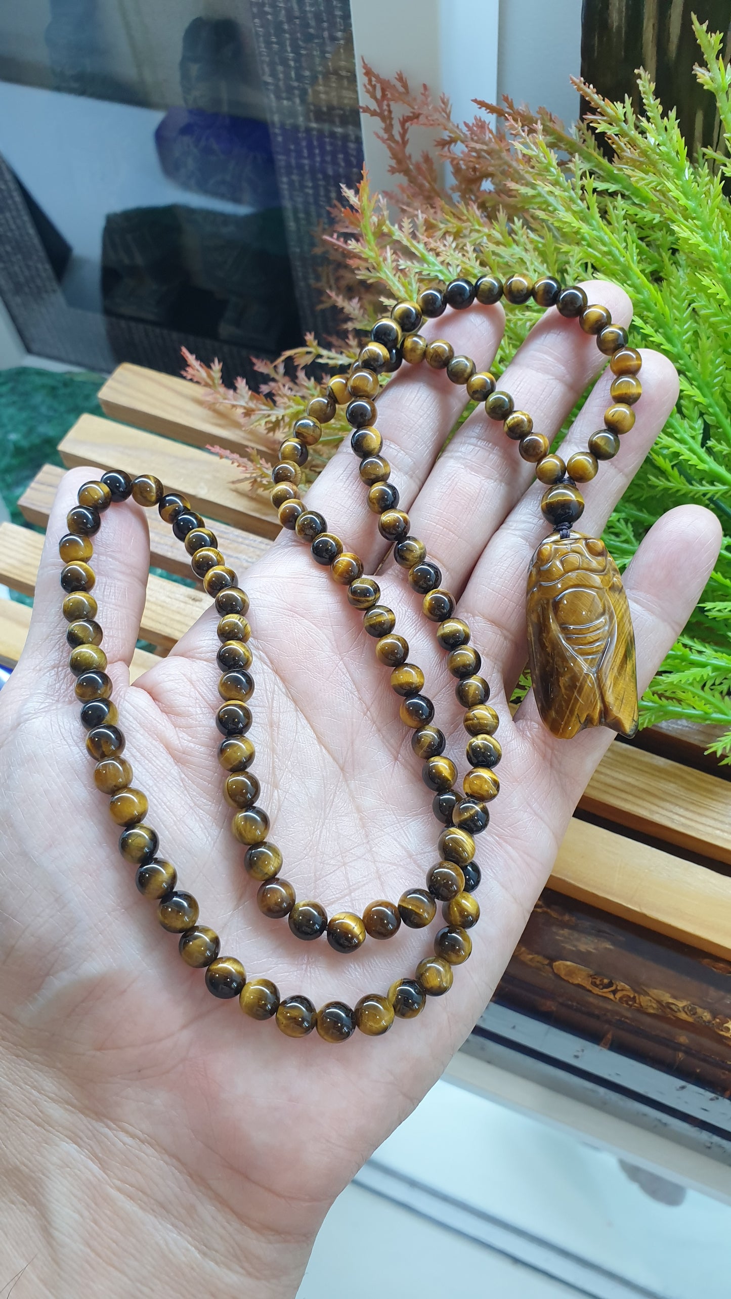 Tiger Eye Cicada Luckycharm Necklace 26inch Natural Gemstone Handcrafted Jewelry