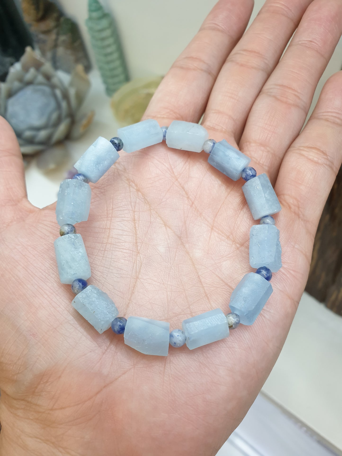 Aquamarine Stretch Bracelets 17cm, Natural Gemstone Rugged Cylinder Beads