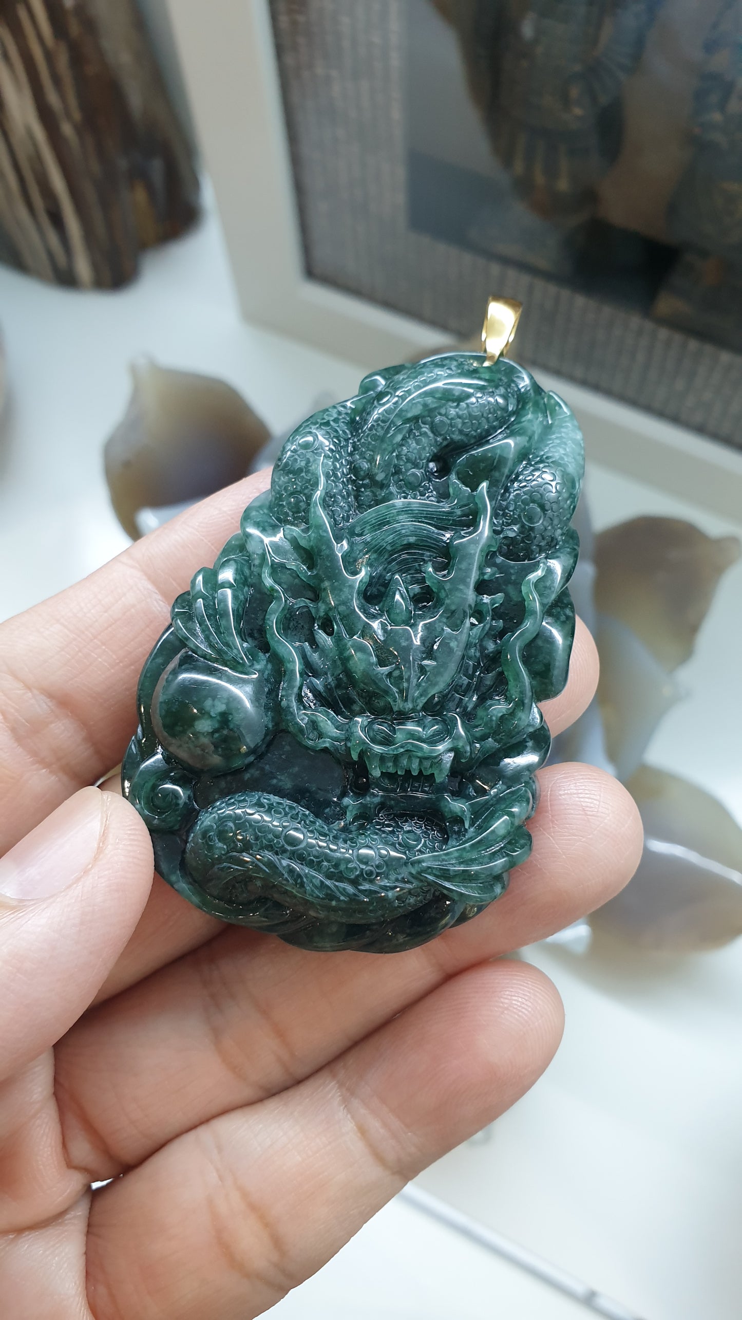 Blue Jade Dragon Pendant, 14K Gold Bail