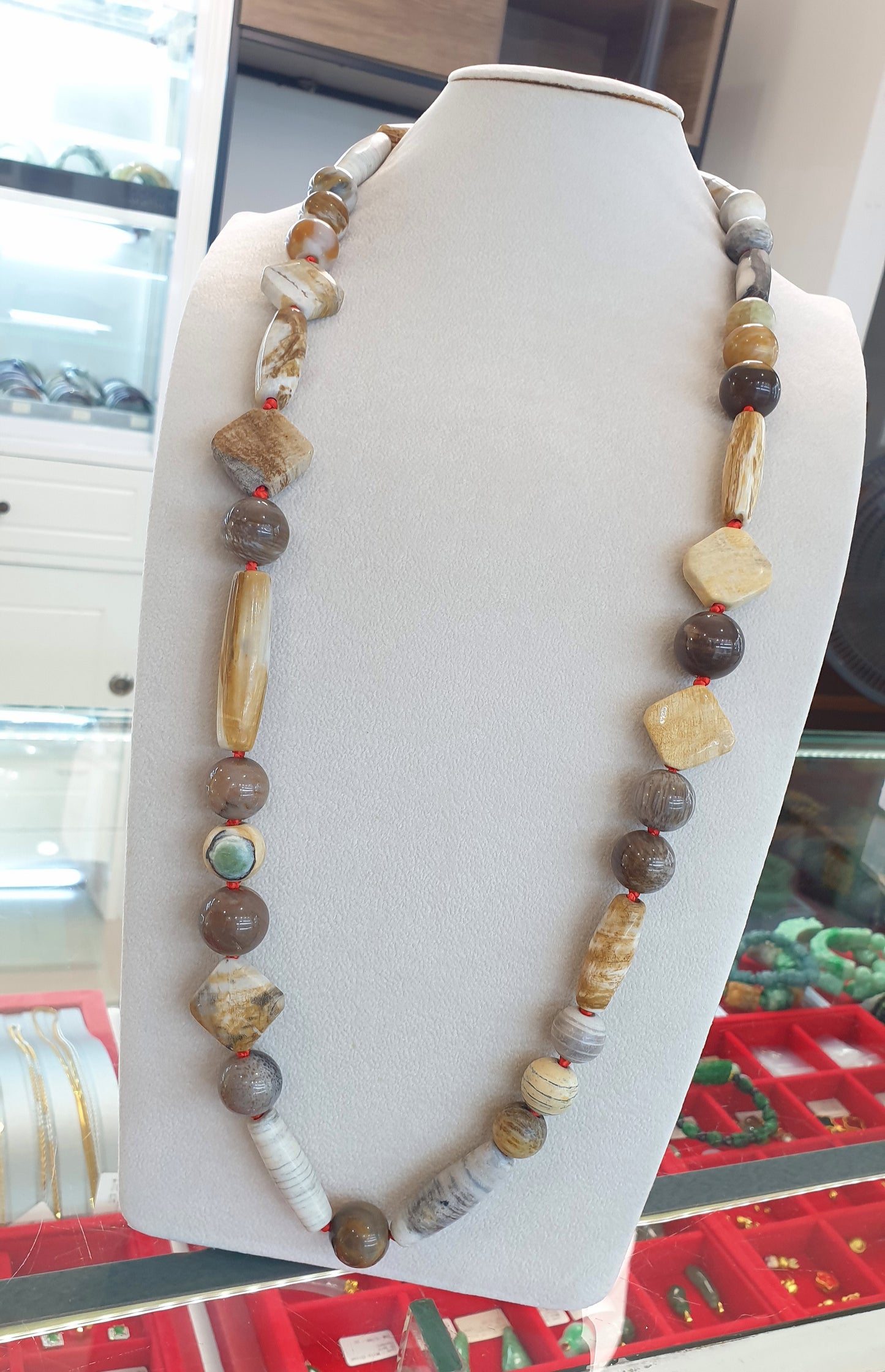 Petrified Wood Beaded Necklace (35") | Natural Stones - Curated Vintage Beads | Lady's Casual Opera Necklace