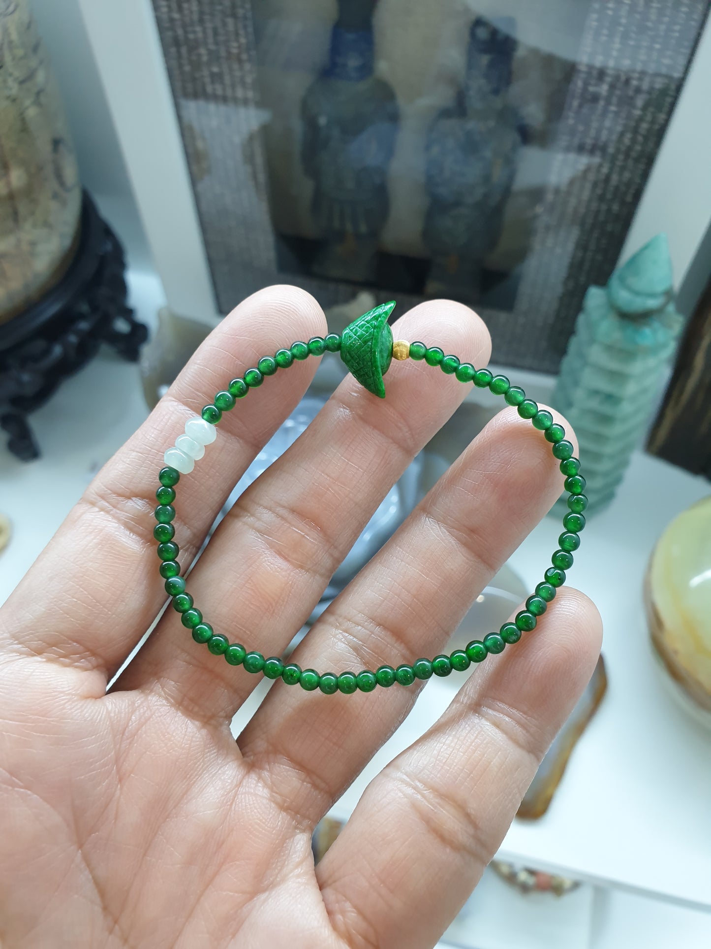 Imperial Green Jadeite Bracelet 16cm, 24K Gold and Jade Ingot Charm