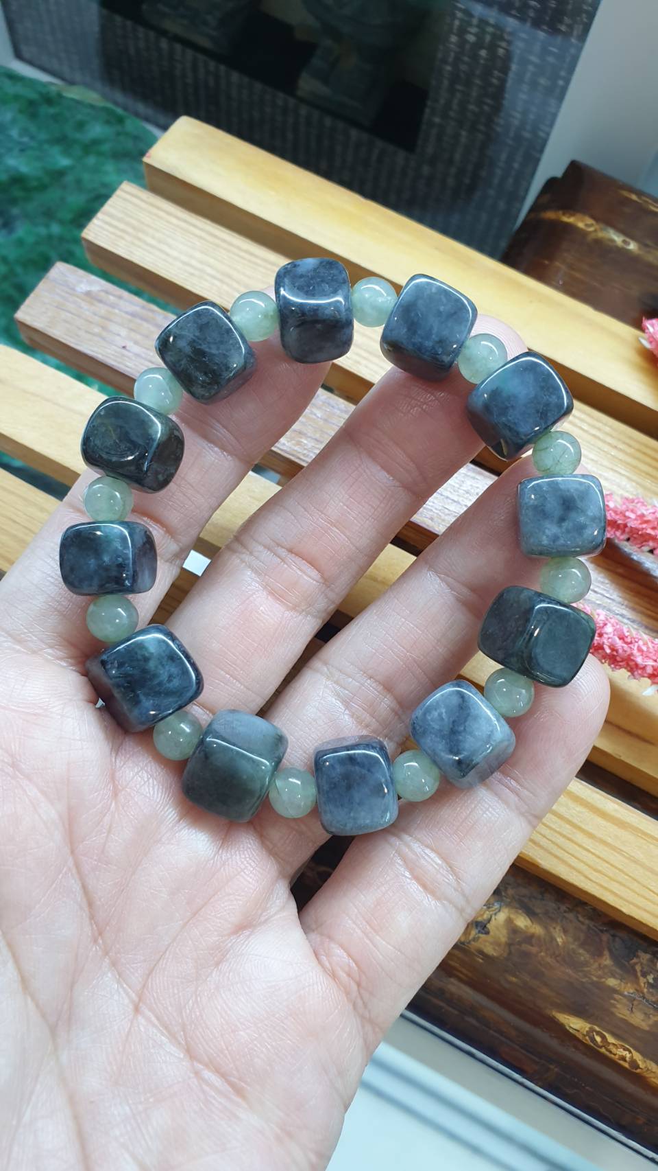 Cube Mabled Black Jade Bracelet 17cm Type A Natural Jadeite Spaced Beads
