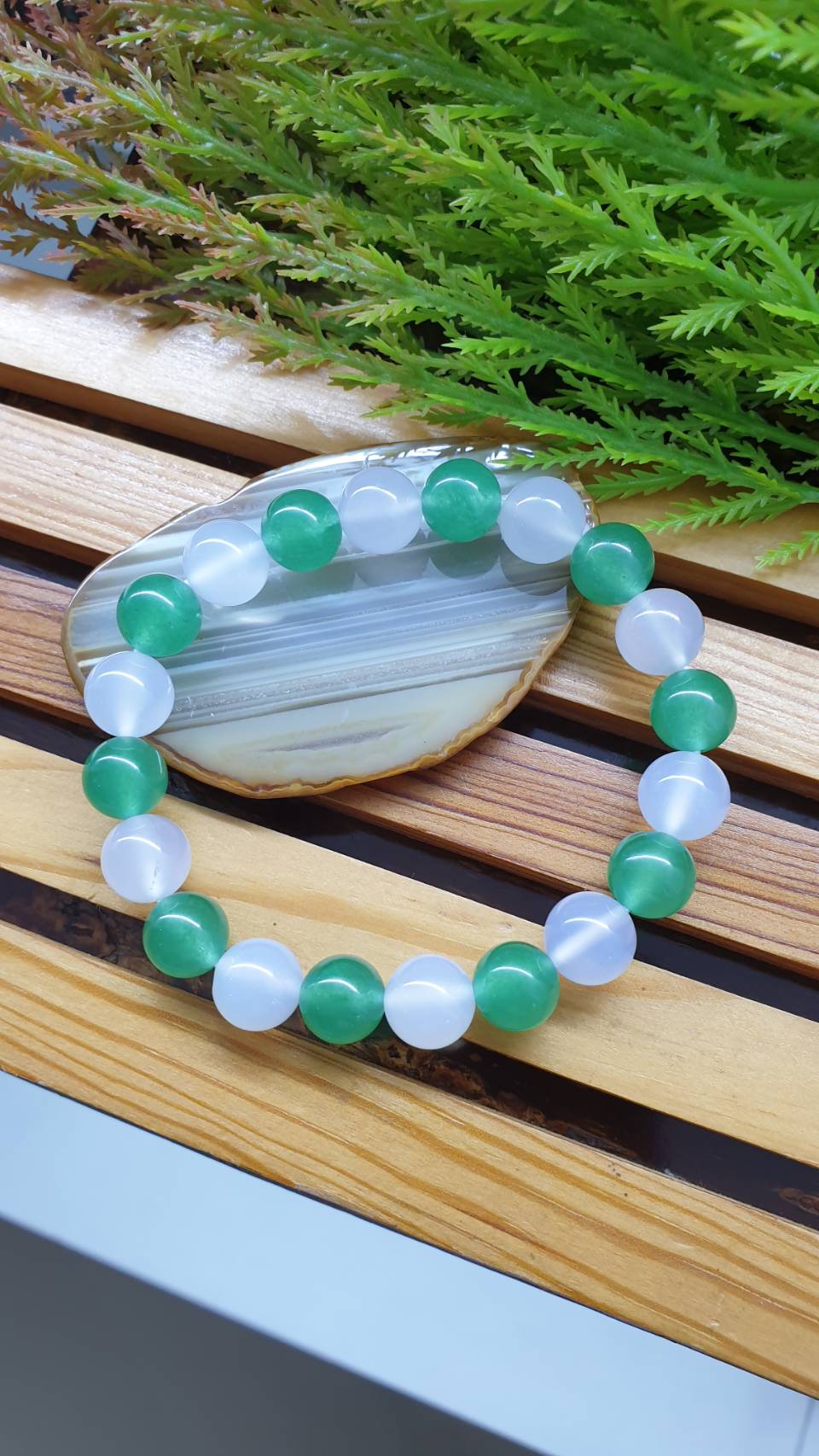 Green Aventurine White Chalcedony Bracelet 17cm Natural Semiprecious Stone Alternate Beads