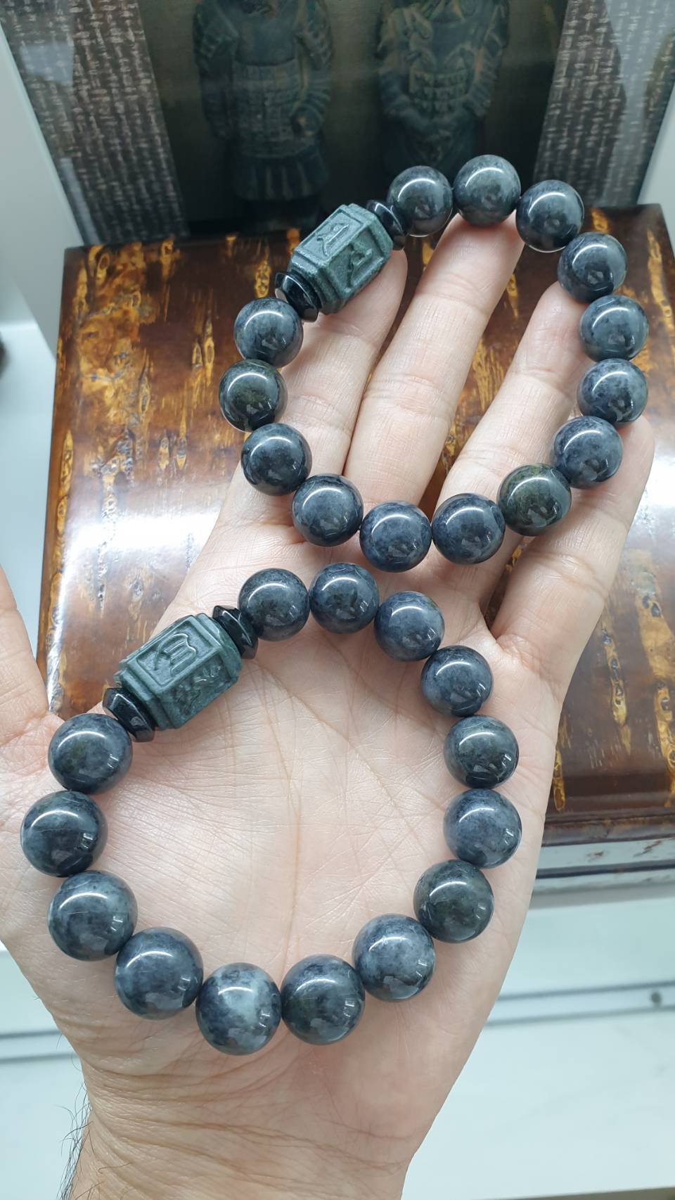Type A Natural Black Jadeite Om Mani Padme Hum Bracelet with 14mm Beads